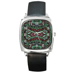 Tribal Ornament Pattern In Red And Green Colors Square Leather Watch by dflcprints