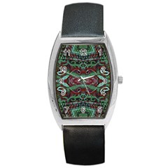 Tribal Ornament Pattern In Red And Green Colors Tonneau Leather Watch by dflcprints