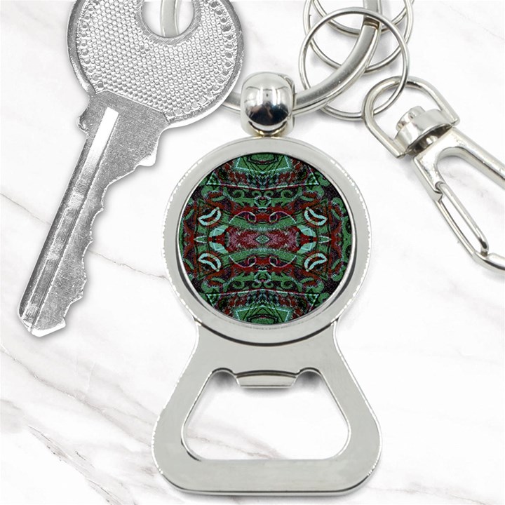 Tribal Ornament Pattern in Red and Green Colors Bottle Opener Key Chain