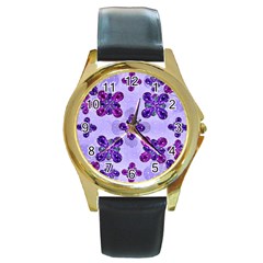 Deluxe Ornate Pattern Design In Blue And Fuchsia Colors Round Leather Watch (gold Rim)  by dflcprints