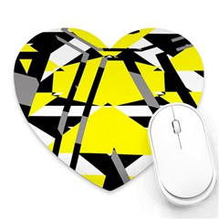 Yellow, Black And White Pieces Abstract Design Heart Mousepad by LalyLauraFLM