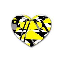 Yellow, Black And White Pieces Abstract Design Rubber Coaster (heart) by LalyLauraFLM