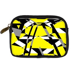 Yellow, Black And White Pieces Abstract Design Digital Camera Leather Case by LalyLauraFLM