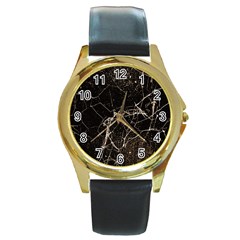 Spider Web Print Grunge Dark Texture Round Leather Watch (gold Rim)  by dflcprints