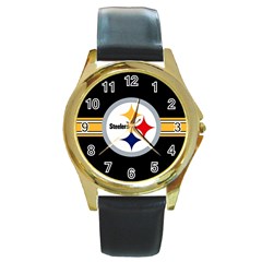 Pittsburgh Steelers National Football League Nfl Teams Afc Round Leather Watch (gold Rim) 