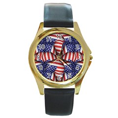 Modern Usa Flag Pattern Round Leather Watch (gold Rim)  by dflcprints