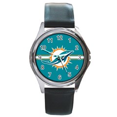 Miami Dolphins National Football League Nfl Teams Afc Round Leather Watch (silver Rim)