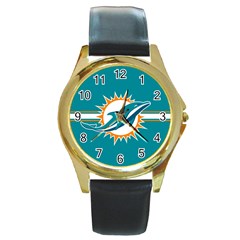 Miami Dolphins National Football League Nfl Teams Afc Round Leather Watch (gold Rim) 