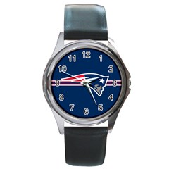 New England Patriots National Football League Nfl Teams Afc Round Leather Watch (silver Rim)