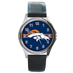 Denver Broncos National Football League Nfl Teams Afc Round Leather Watch (silver Rim) by SportMart