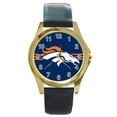 Denver Broncos National Football League Nfl Teams Afc Round Leather Watch (gold Rim) 