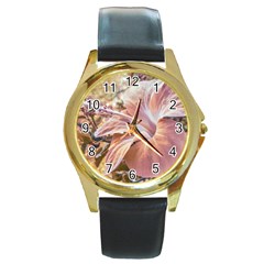 Fantasy Colors Hibiscus Flower Digital Photography Round Leather Watch (gold Rim)  by dflcprints