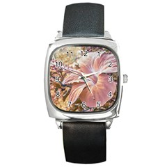 Fantasy Colors Hibiscus Flower Digital Photography Square Leather Watch by dflcprints