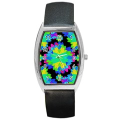 Multicolored Floral Print Geometric Modern Pattern Tonneau Leather Watch