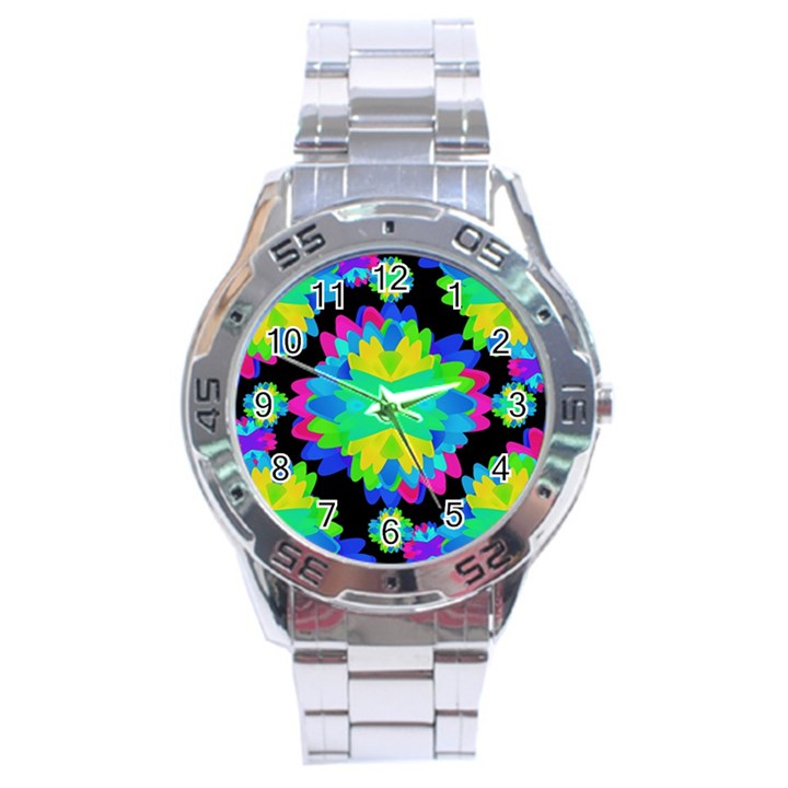 Multicolored Floral Print Geometric Modern Pattern Stainless Steel Watch