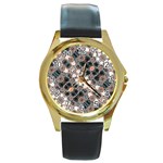 Modern Arabesque Pattern Print Round Leather Watch (Gold Rim)  Front