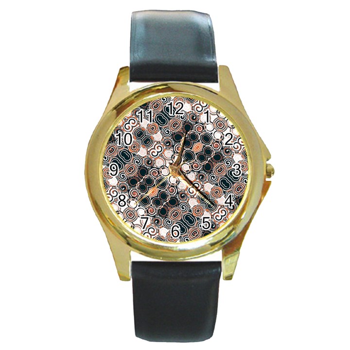 Modern Arabesque Pattern Print Round Leather Watch (Gold Rim) 