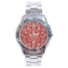 Flowers Pattern Collage In Coral An White Colors Stainless Steel Watch