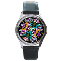 Digital Futuristic Geometric Pattern Round Leather Watch (silver Rim)