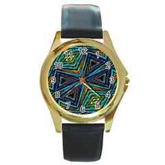 Tribal Style Colorful Geometric Pattern Round Leather Watch (gold Rim)  by dflcprints