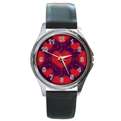 Galaxy Hearts Grunge Style Pattern Round Leather Watch (silver Rim) by dflcprints