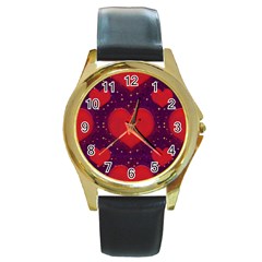 Galaxy Hearts Grunge Style Pattern Round Leather Watch (gold Rim)  by dflcprints