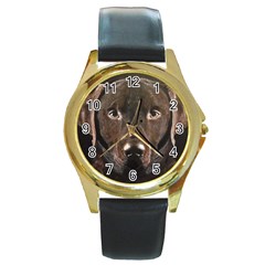 Chocolate Lab Round Leather Watch (gold Rim) 