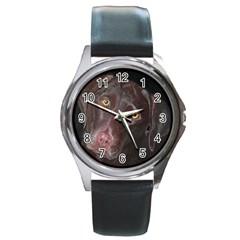 Inquisitive Chocolate Lab Round Leather Watch (silver Rim)