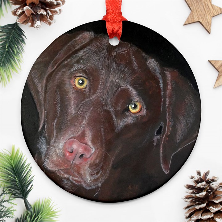 Inquisitive Chocolate Lab Round Ornament