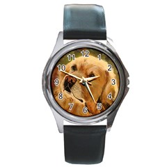 Golden Retriever Round Leather Watch (silver Rim)