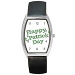 Happy St Patricks Text With Clover Graphic Tonneau Leather Watch Front