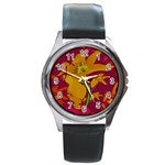 Tropical Hawaiian Style Lilies Collage Round Leather Watch (Silver Rim) Front