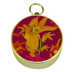 Tropical Hawaiian Style Lilies Collage Gold Compass by dflcprints