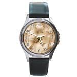 Elegant Floral Pattern in Light Beige Tones Round Leather Watch (Silver Rim) Front