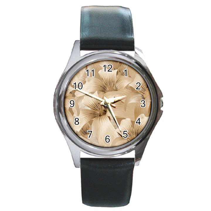 Elegant Floral Pattern in Light Beige Tones Round Leather Watch (Silver Rim)