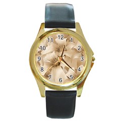 Elegant Floral Pattern In Light Beige Tones Round Leather Watch (gold Rim) 