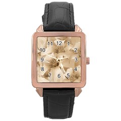 Elegant Floral Pattern In Light Beige Tones Rose Gold Leather Watch 