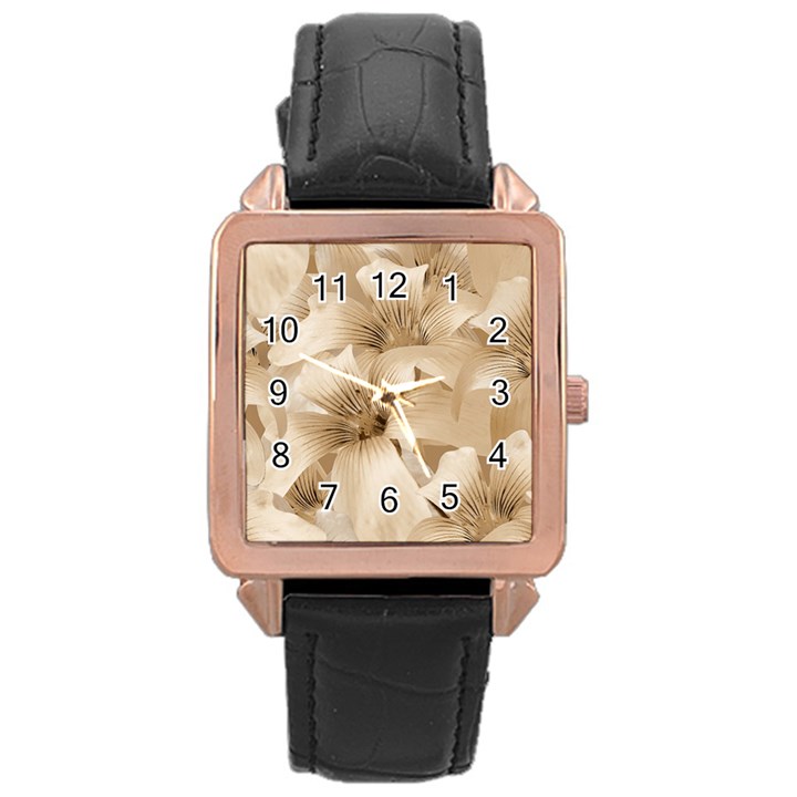 Elegant Floral Pattern in Light Beige Tones Rose Gold Leather Watch 