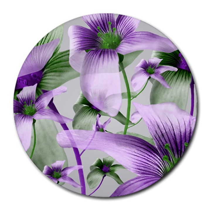 Lilies Collage Art in Green and Violet Colors 8  Mouse Pad (Round)