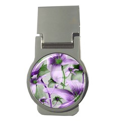 Lilies Collage Art In Green And Violet Colors Money Clip (round) by dflcprints