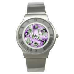 Lilies Collage Art In Green And Violet Colors Stainless Steel Watch (slim) by dflcprints