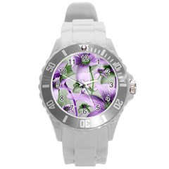 Lilies Collage Art In Green And Violet Colors Plastic Sport Watch (large) by dflcprints