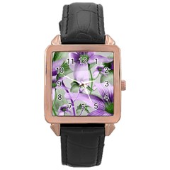 Lilies Collage Art In Green And Violet Colors Rose Gold Leather Watch  by dflcprints