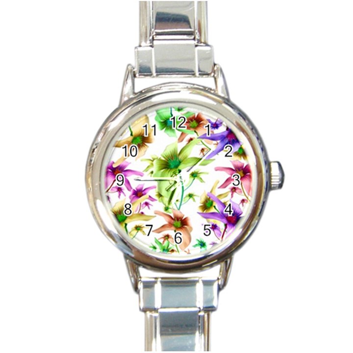 Multicolored Floral Print Pattern Round Italian Charm Watch