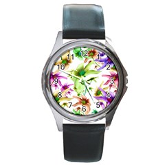 Multicolored Floral Print Pattern Round Leather Watch (silver Rim)