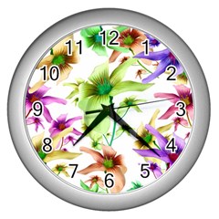 Multicolored Floral Print Pattern Wall Clock (silver) by dflcprints