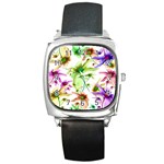 Multicolored Floral Print Pattern Square Leather Watch Front