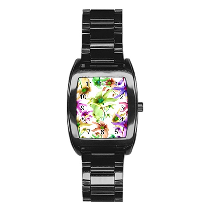 Multicolored Floral Print Pattern Stainless Steel Barrel Watch