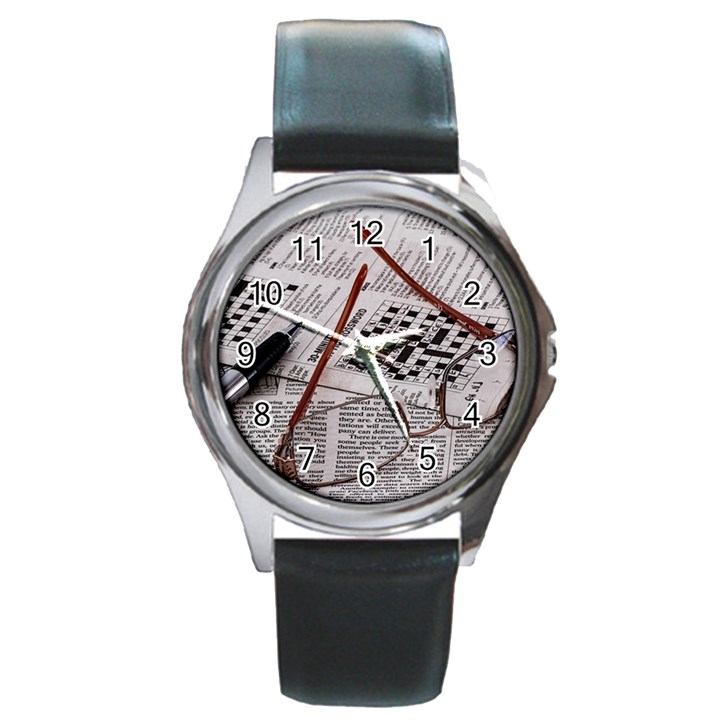 Crossword Genius Round Leather Watch (Silver Rim)