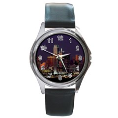 Dallas Skyline At Night Round Leather Watch (silver Rim)